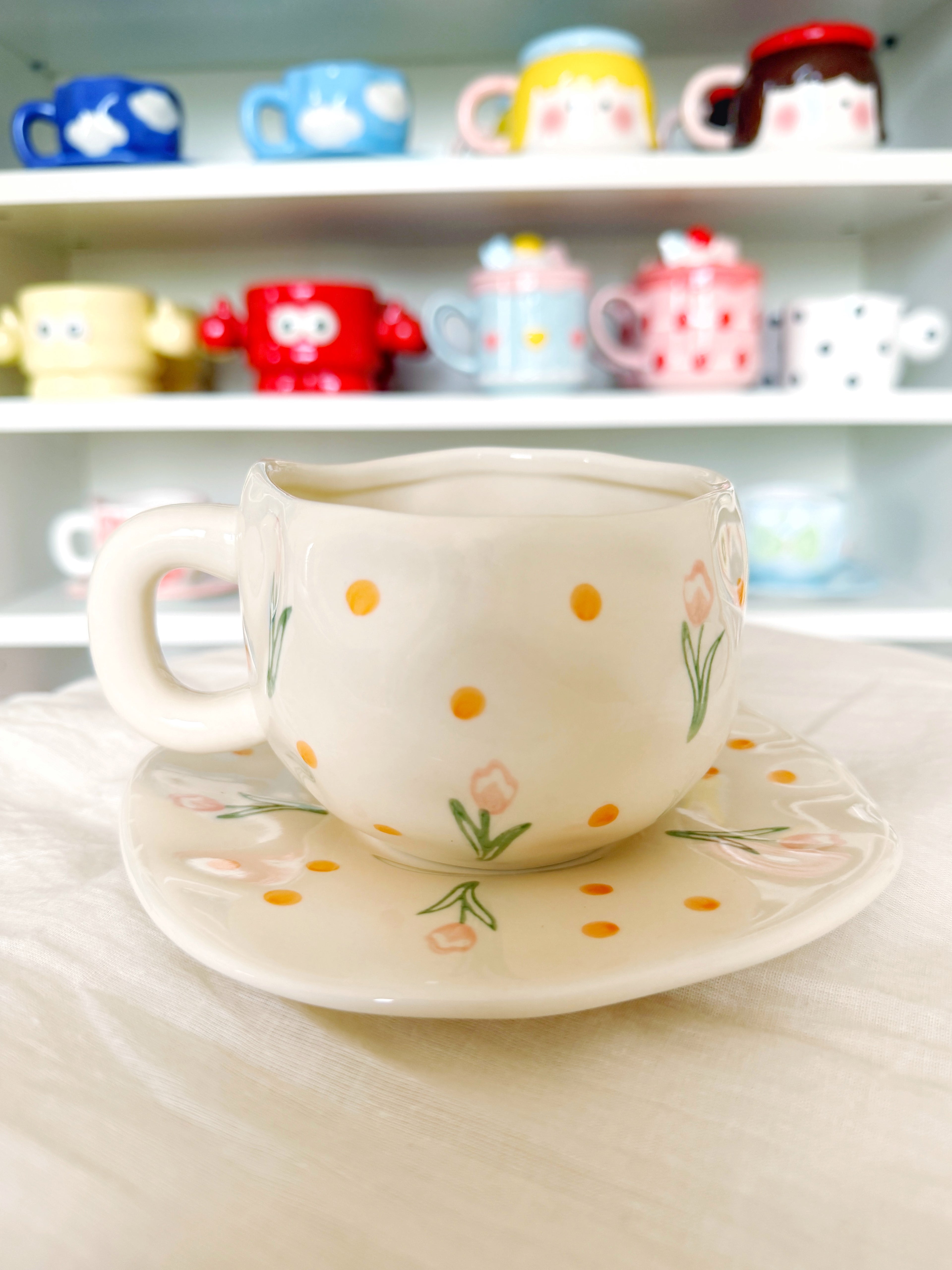 Orange Polka w/ Pink Tulips Cup and Saucer Set