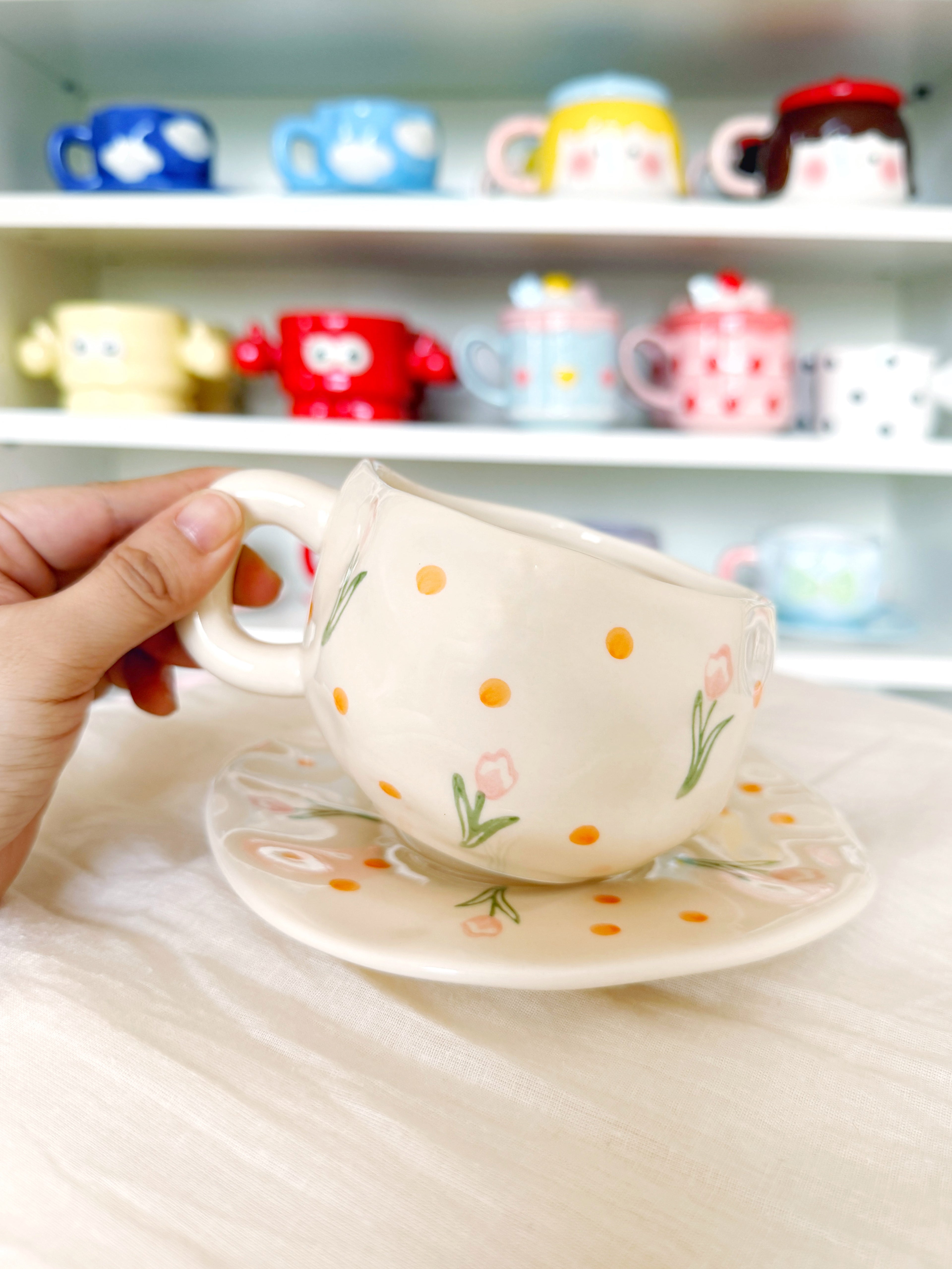 Orange Polka w/ Pink Tulips Cup and Saucer Set