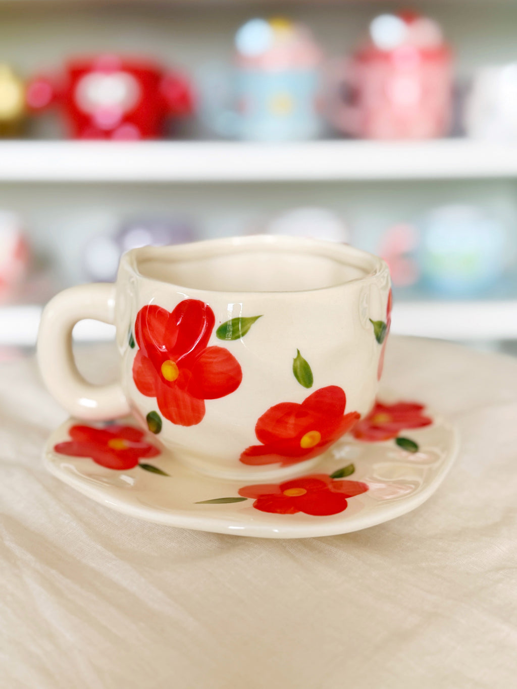 Red Chunky Flower Cup and Saucer Set