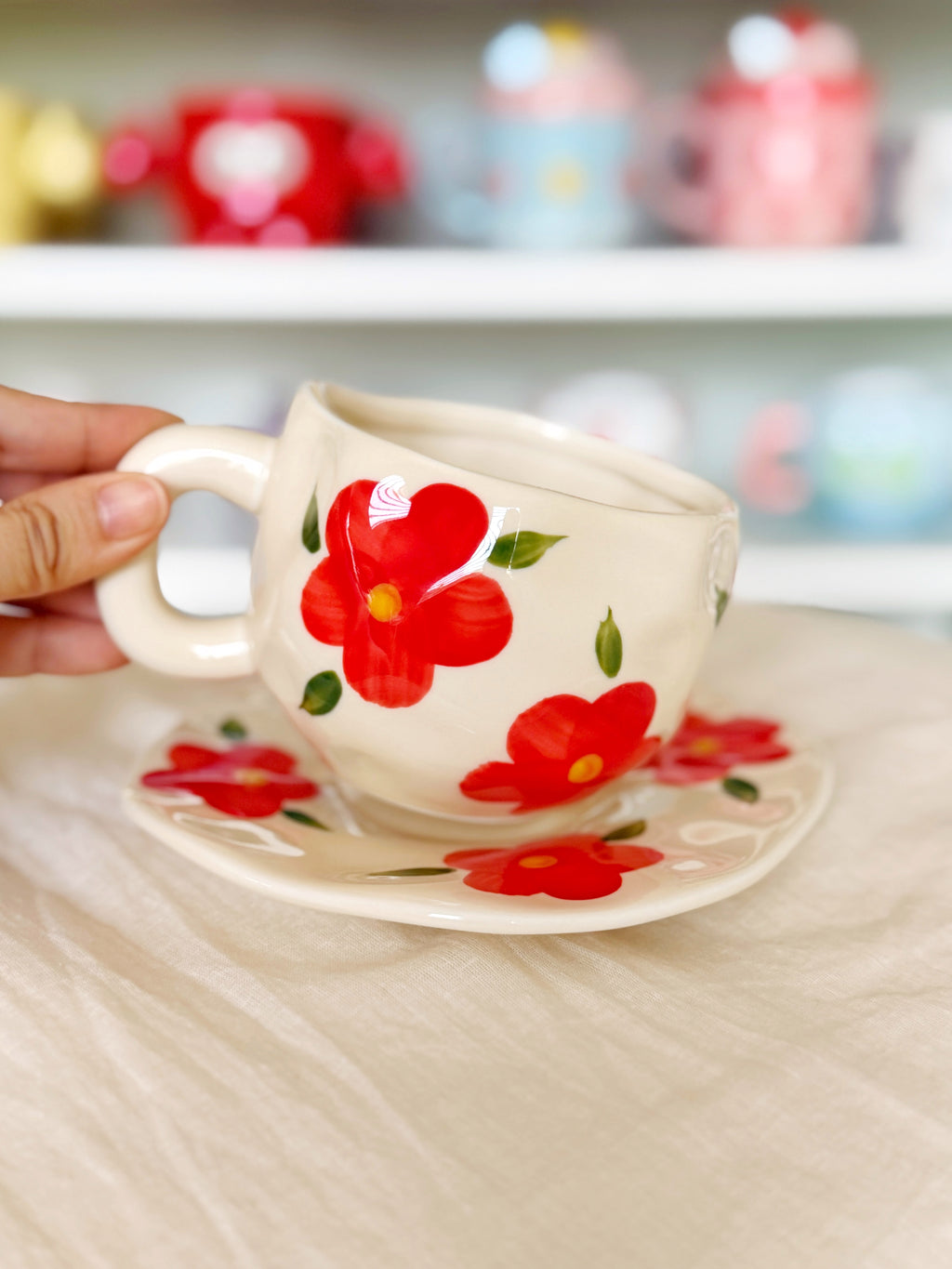 Red Chunky Flower Cup and Saucer Set