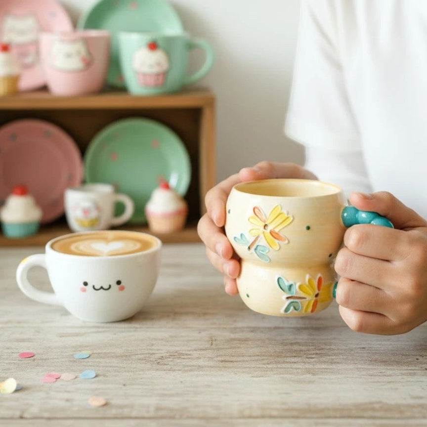 Keeyos PH yellow ceramic mug with beaded handle and floral design, holding it with hands.