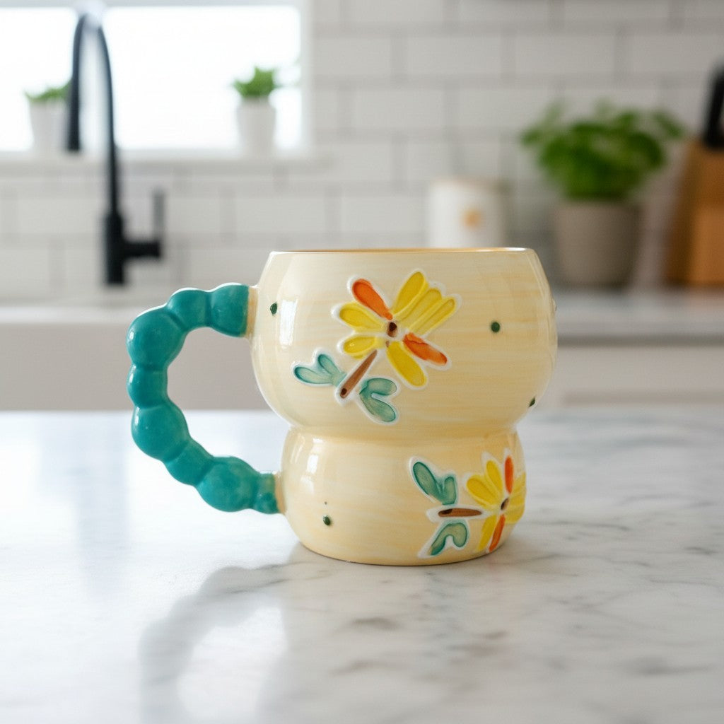 Keeyos PH yellow ceramic mug with beaded teal handle, decorated with hand-painted flowers and dragonflies.