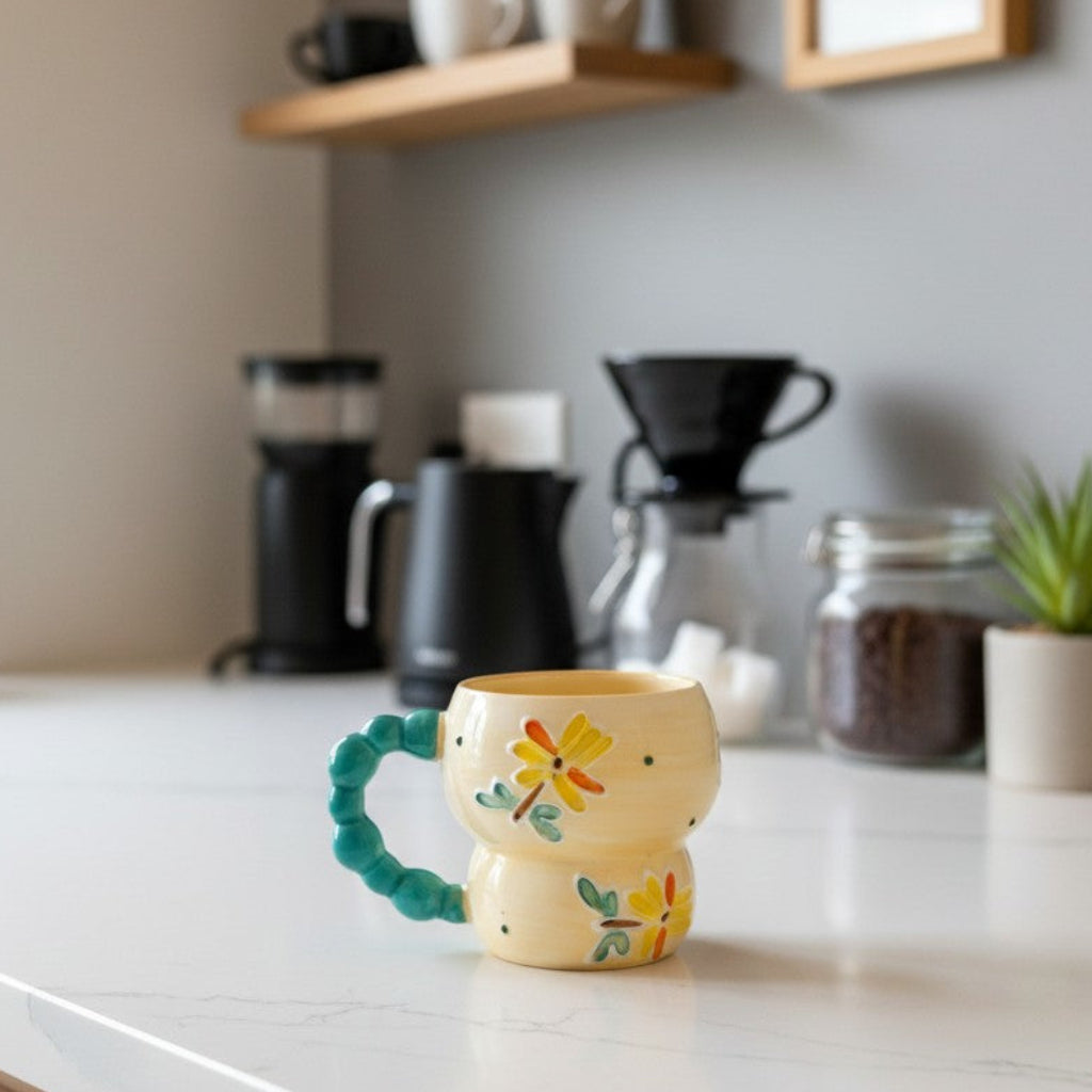 Keeyos PH yellow ceramic mug with beaded teal handle and hand-painted yellow and orange flowers.