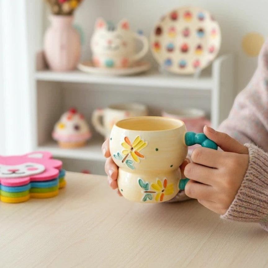 Keeyos PH yellow ceramic mug with beaded handle, decorated with hand-painted flowers and dots.