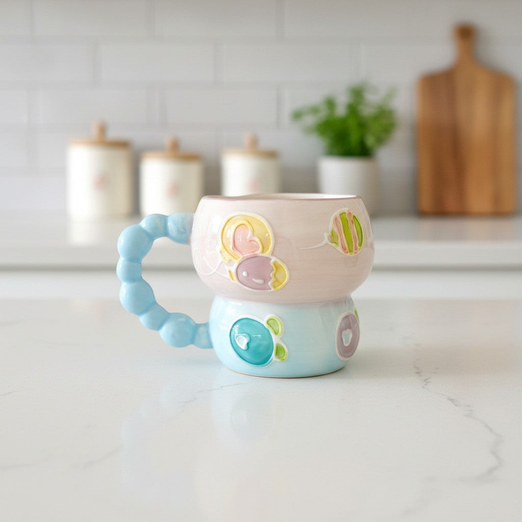 Keeyos PH Beaded Handle Lolly Mug in pastel pink and blue ceramic with candy designs and a beaded handle.