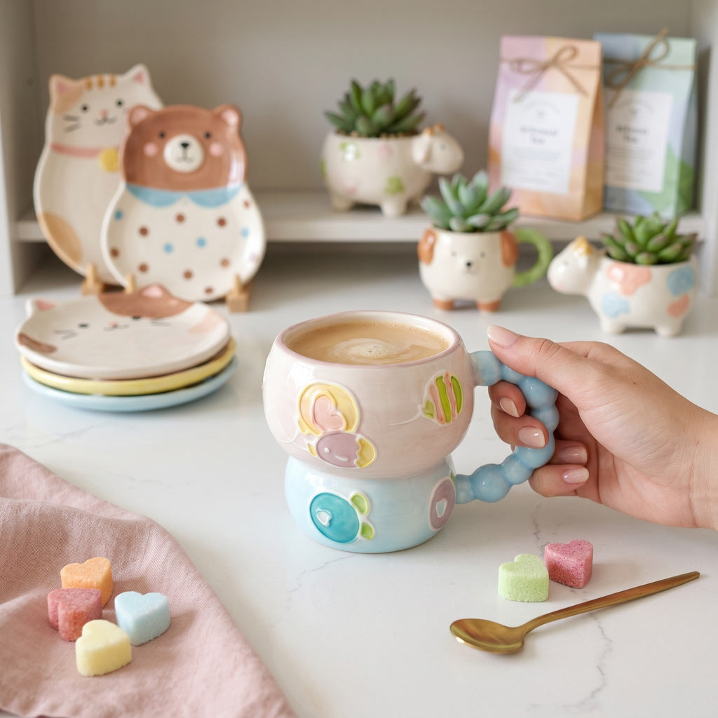 Keeyos PH pastel pink ceramic mug with blue beaded handle and colorful candy designs