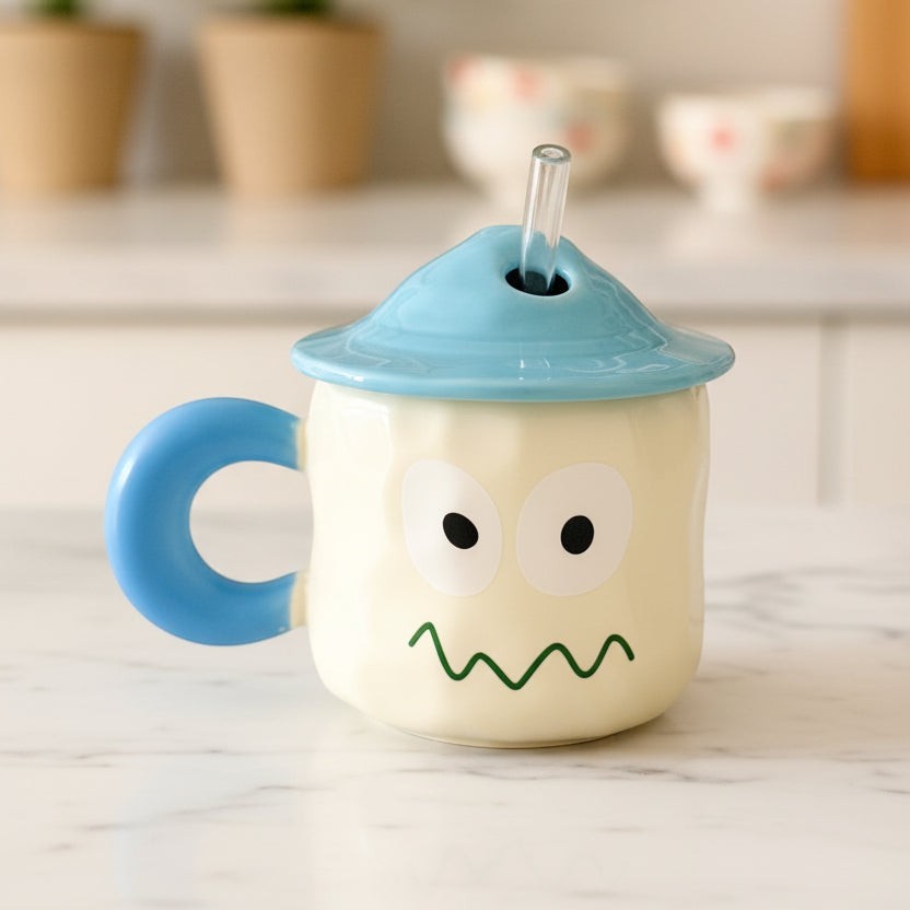 Keeyos PH Bloop Cup with a blue lid and handle, featuring a cartoon face design. Ceramic mug with straw.