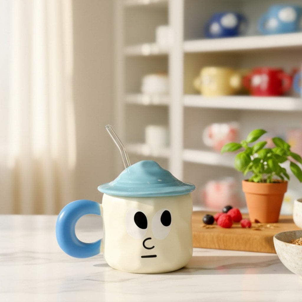 Keeyos PH Bloop Cup with blue lid and handle, cream ceramic with cartoon face and glass straw.