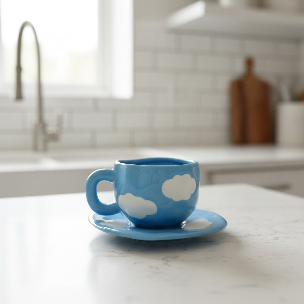 Keeyos PH Chunky light blue ceramic cup and saucer set with white cloud design.