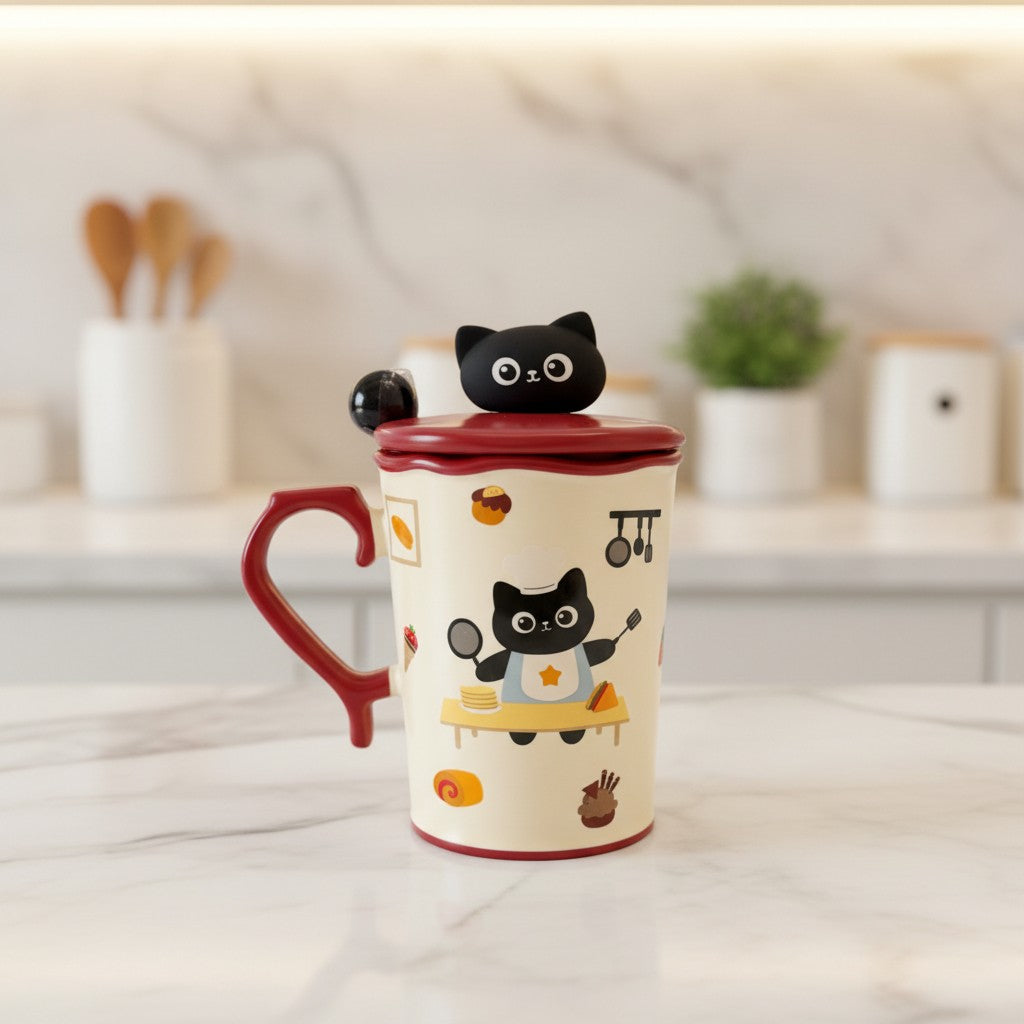Keeyos PH cream ceramic mug with cute black cat illustration, chef cat, and playful designs. Features a black cat lid topper.