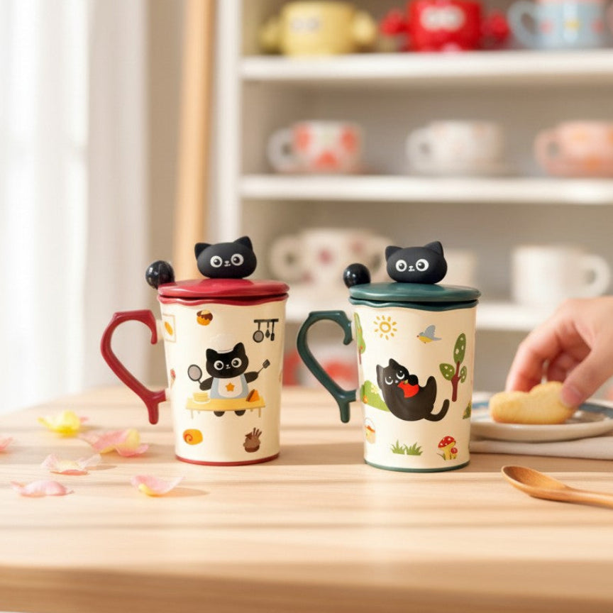 Keeyos PH cream ceramic mug with cute black cat lid, featuring playful cat illustrations and a heart-shaped handle.