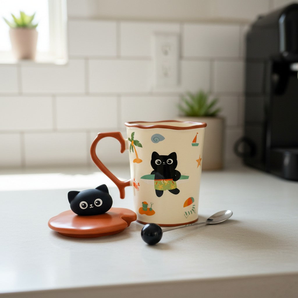 Keeyos PH ceramic mug with a cute black cat surfing design, includes a matching lid with a cat topper and a spoon.