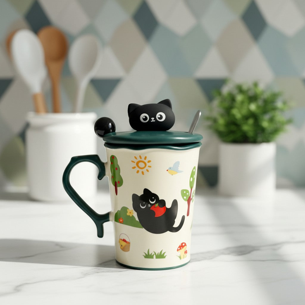 Keeyos PH ceramic mug with lid and spoon, featuring a playful black cat design with a red apple, sun, bird, and mushrooms.