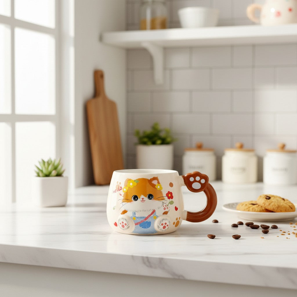 Keeyos PH cat paw mug with cute cartoon cat wearing overalls and flowers, cream ceramic