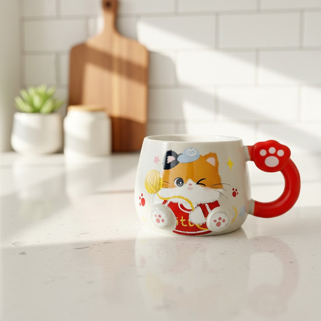 Keeyos PH cat paw mug with cute calico cat design, red handle, and yarn detail. Ceramic.