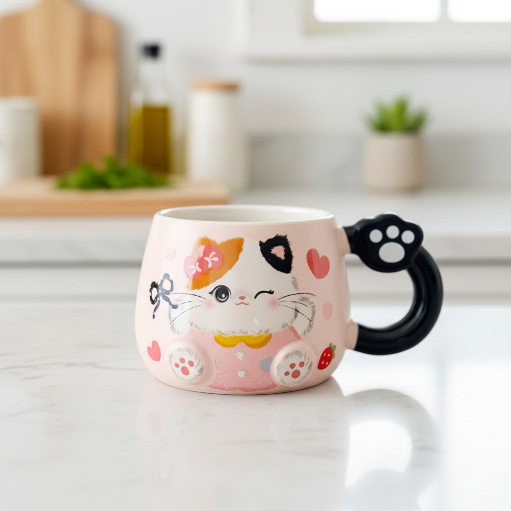 Keeyos PH pink ceramic mug with a cute cat illustration, featuring a paw-shaped handle.