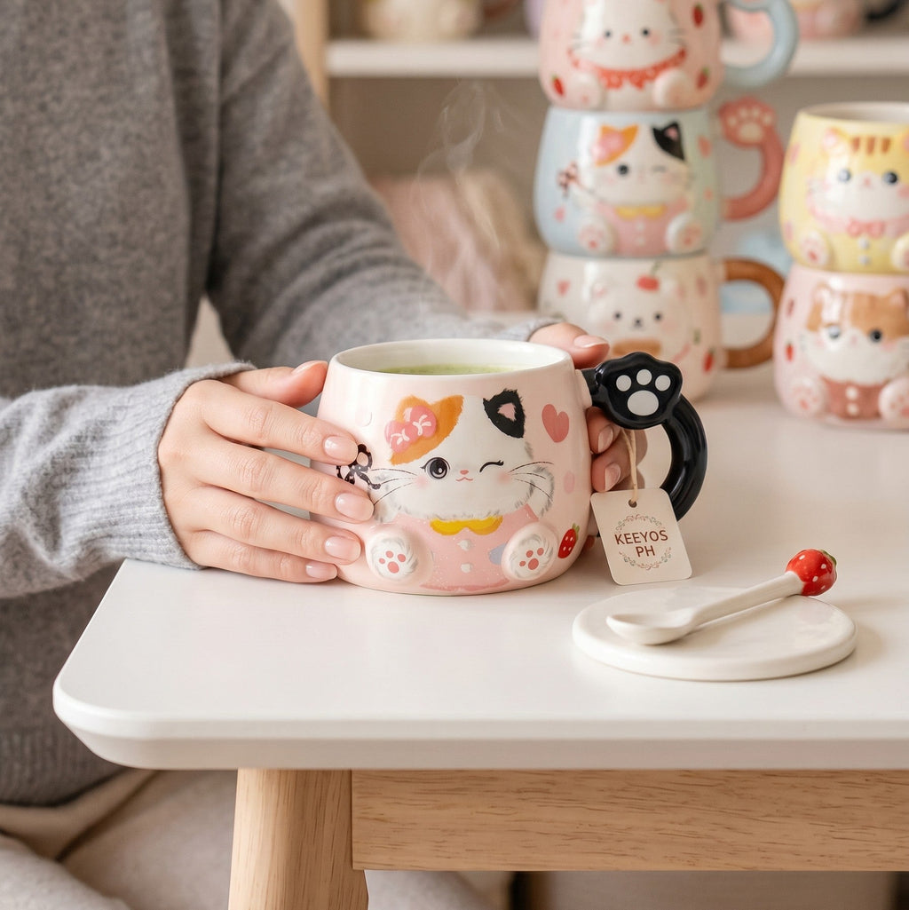 Keeyos PH pink ceramic mug with a cute cat design, featuring a paw-shaped handle.