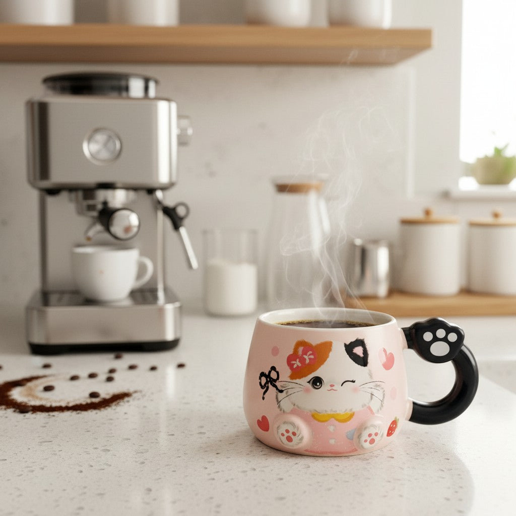 Keeyos PH pink ceramic mug with a cute cat illustration, paw handle, and strawberry details.