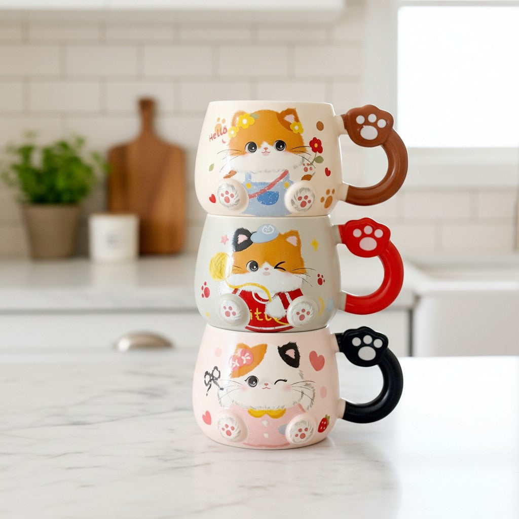 Keeyos PH stack of three ceramic cat paw mugs in white, grey, and pink with cute cat designs and paw-shaped handles.