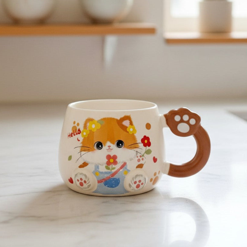 Keeyos PH stack of three ceramic cat paw mugs in white, grey, and pink with cute cat designs and paw-shaped handles.