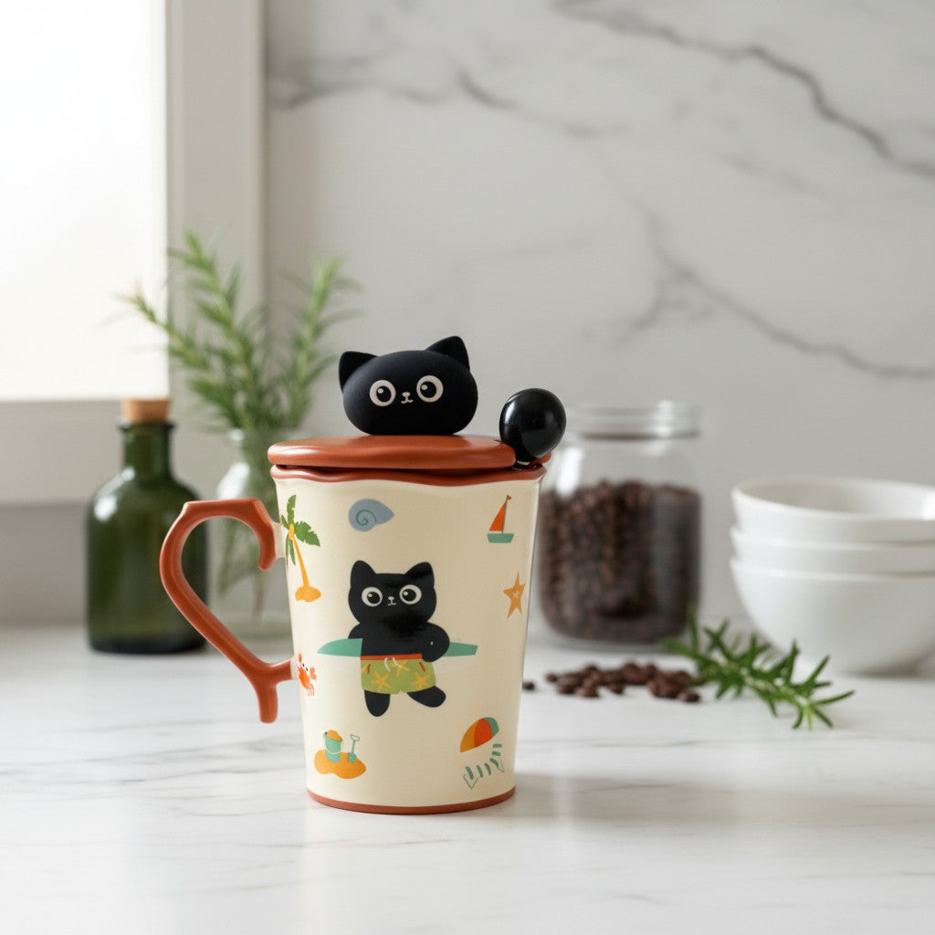 Keeyos PH ceramic mug with lid and spoon, featuring a black cat surfing on a surfboard, palm trees, and beach elements.