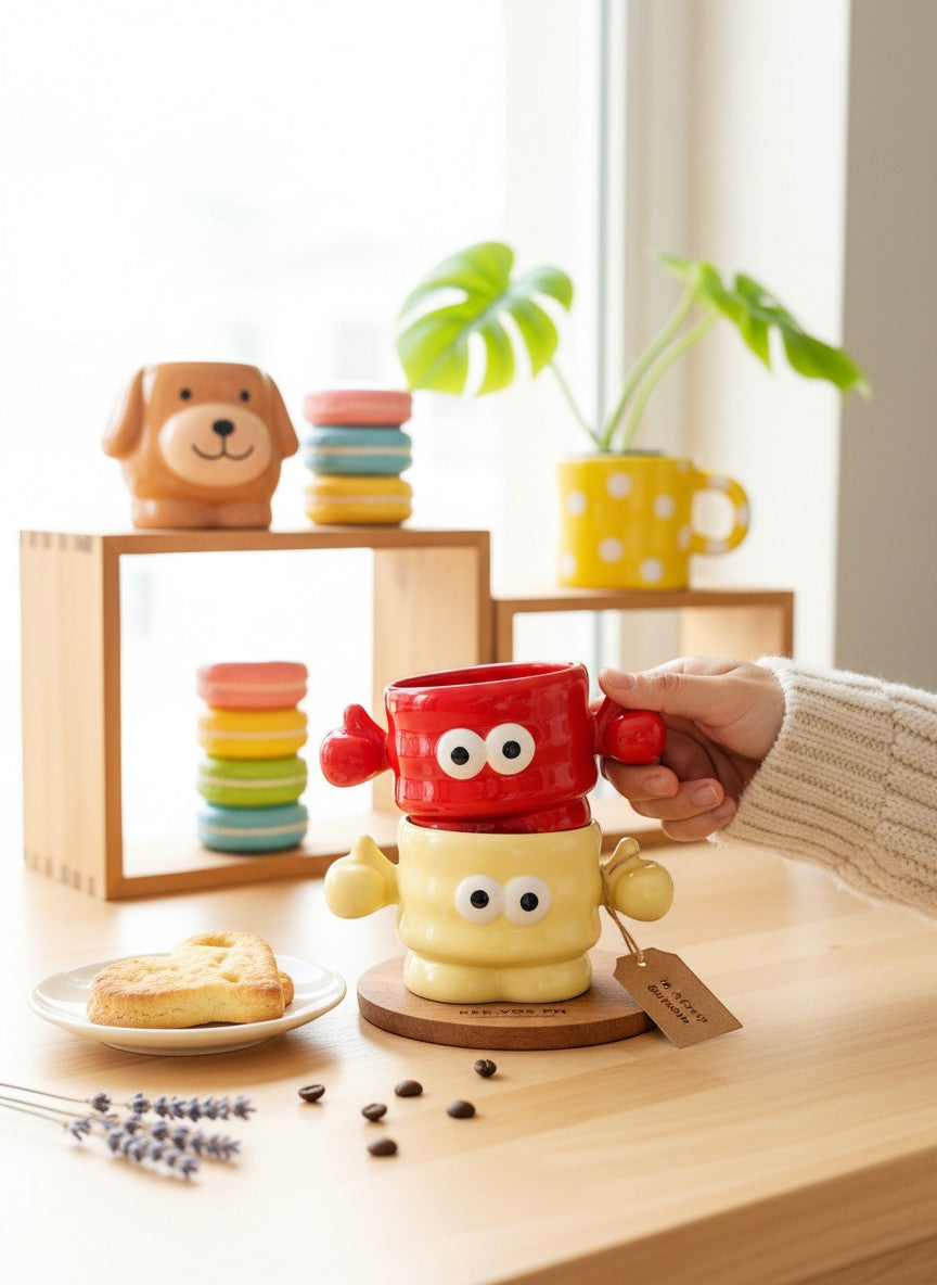 Keeyos PH red and yellow ceramic character mugs with thumbs up, wide eyes, stacked on a wooden coaster.