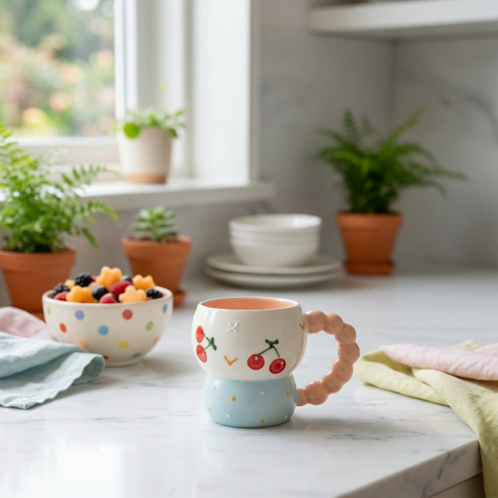 Keeyos PH Beaded Handle Cherry Mug with a peachy-pink beaded handle, white ceramic with cherry design and blue base.