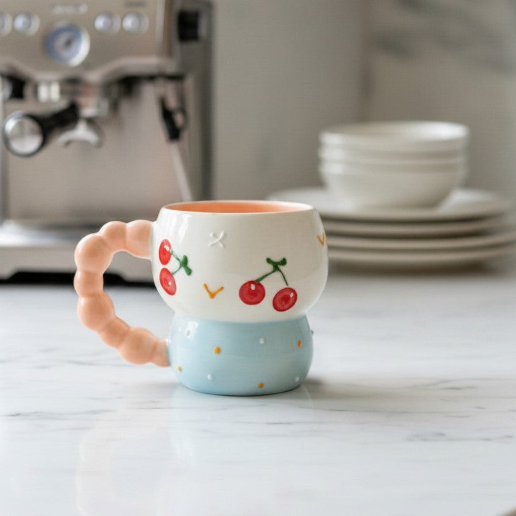 Keeyos PH white ceramic mug with cherry design and beaded peachy-pink handle. Features two red cherries and a smiling face.