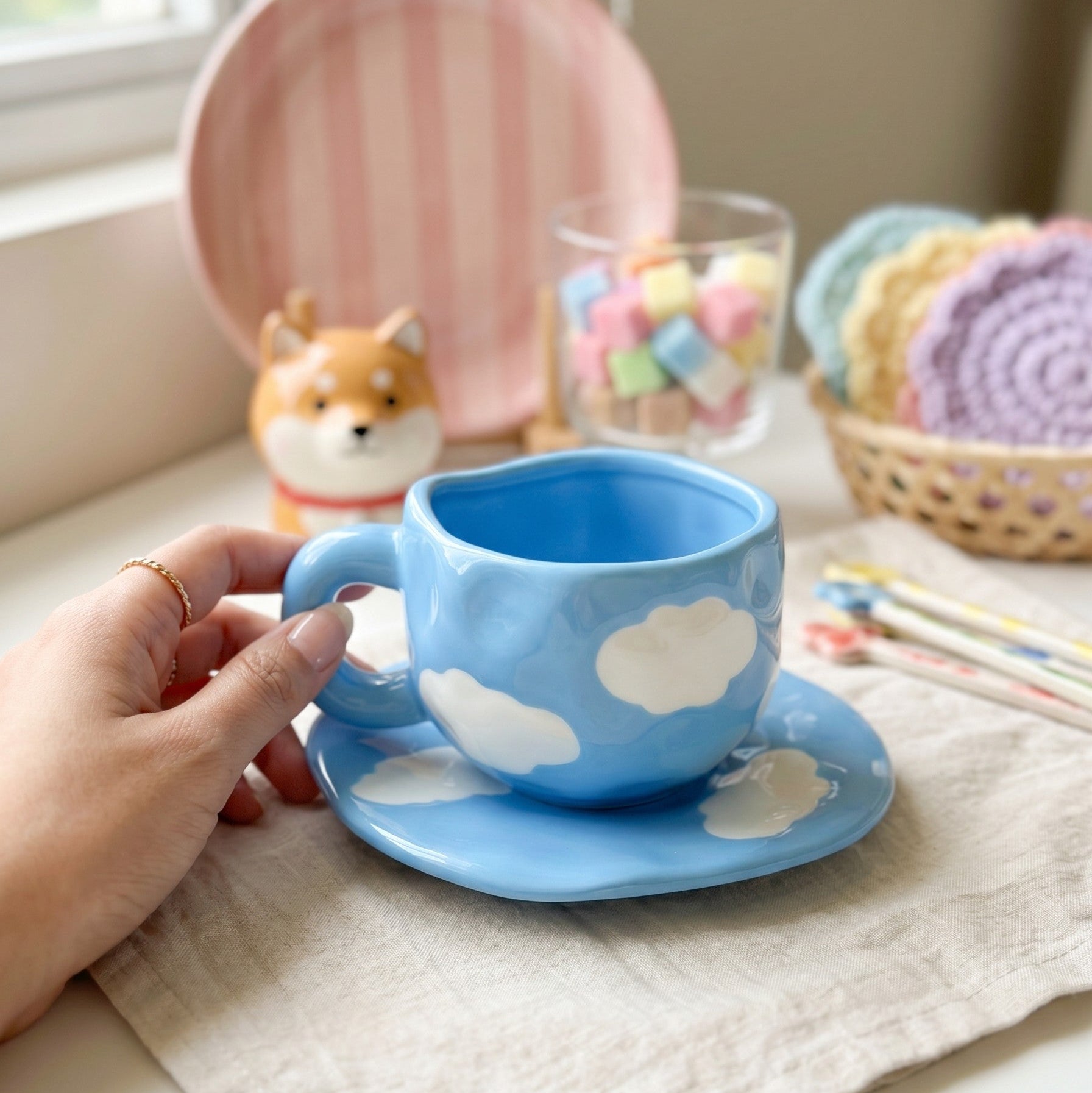 Keeyos PH Chunky Cloud Light Blue Cup and Saucer Set, ceramic, with white cloud accents.