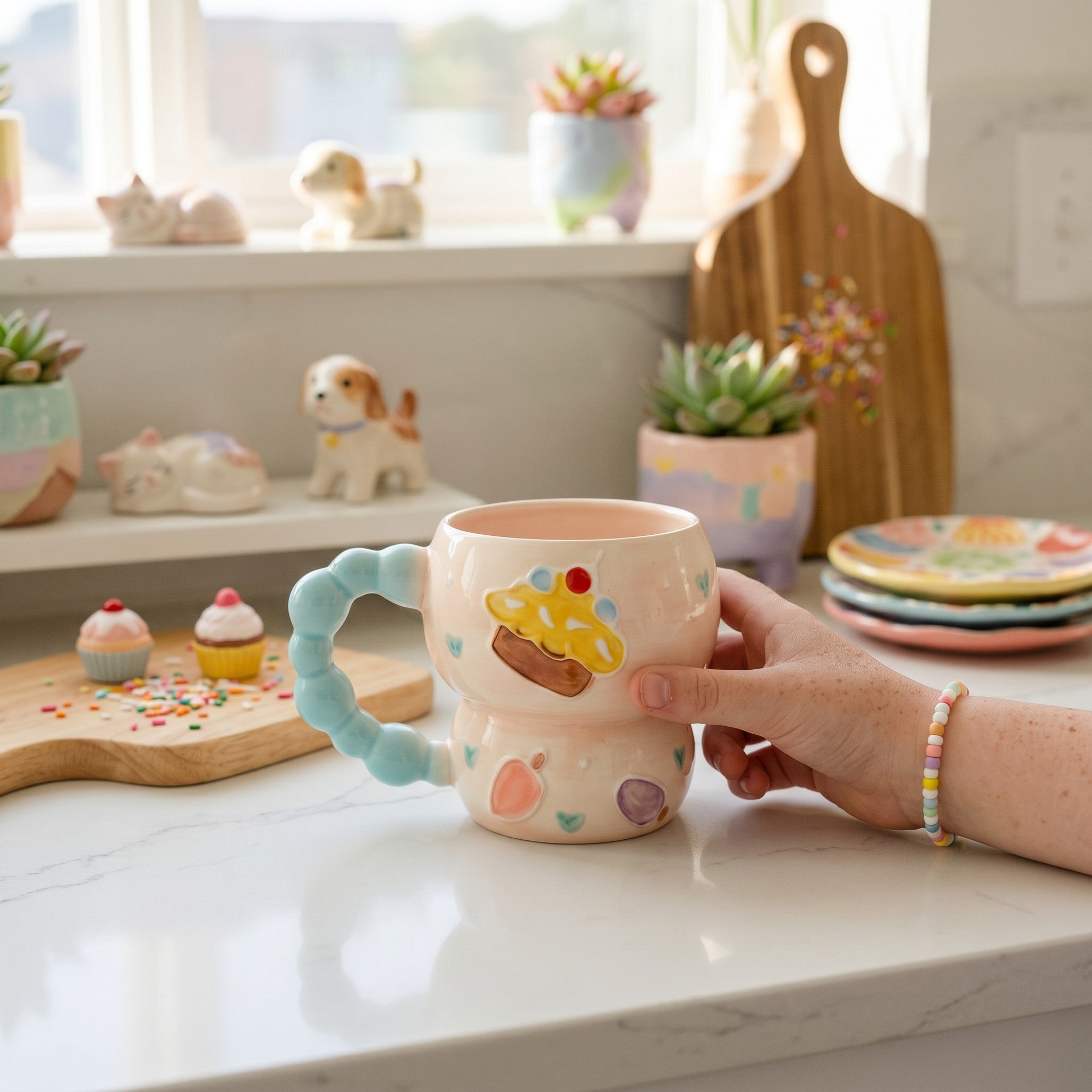 Keeyos PH pastel pink ceramic mug with beaded blue handle, featuring a cupcake illustration and scattered hearts and fruit.