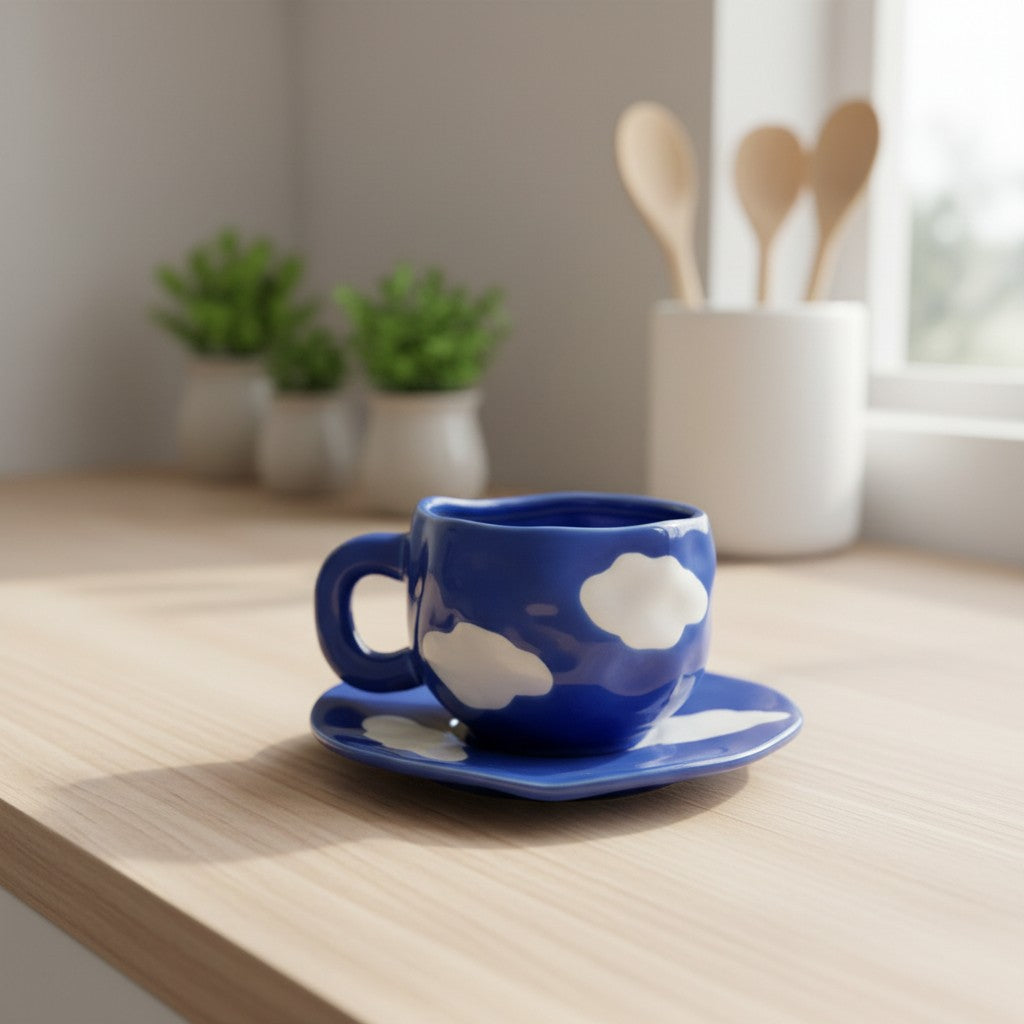 Keeyos PH Chunky Cloud Dark Blue Cup and Saucer Set with white cloud design. Ceramic material.