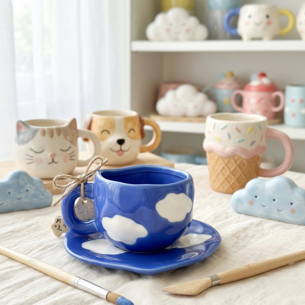 Keeyos PH Chunky Cloud dark blue ceramic cup and saucer set with white cloud accents and a cloud-shaped cookie.