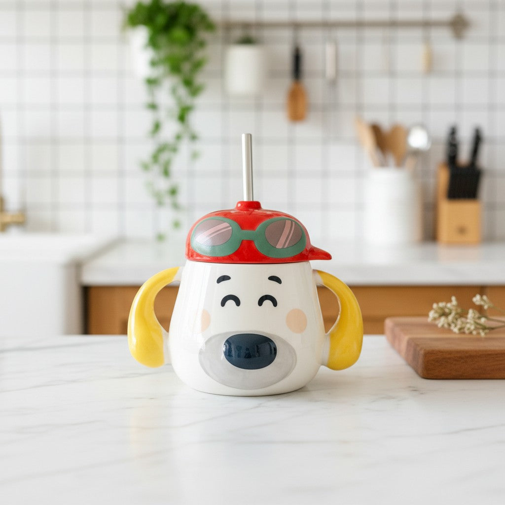 Keeyos PH white ceramic dog mug with red aviator hat and goggles, yellow ears, and straw.
