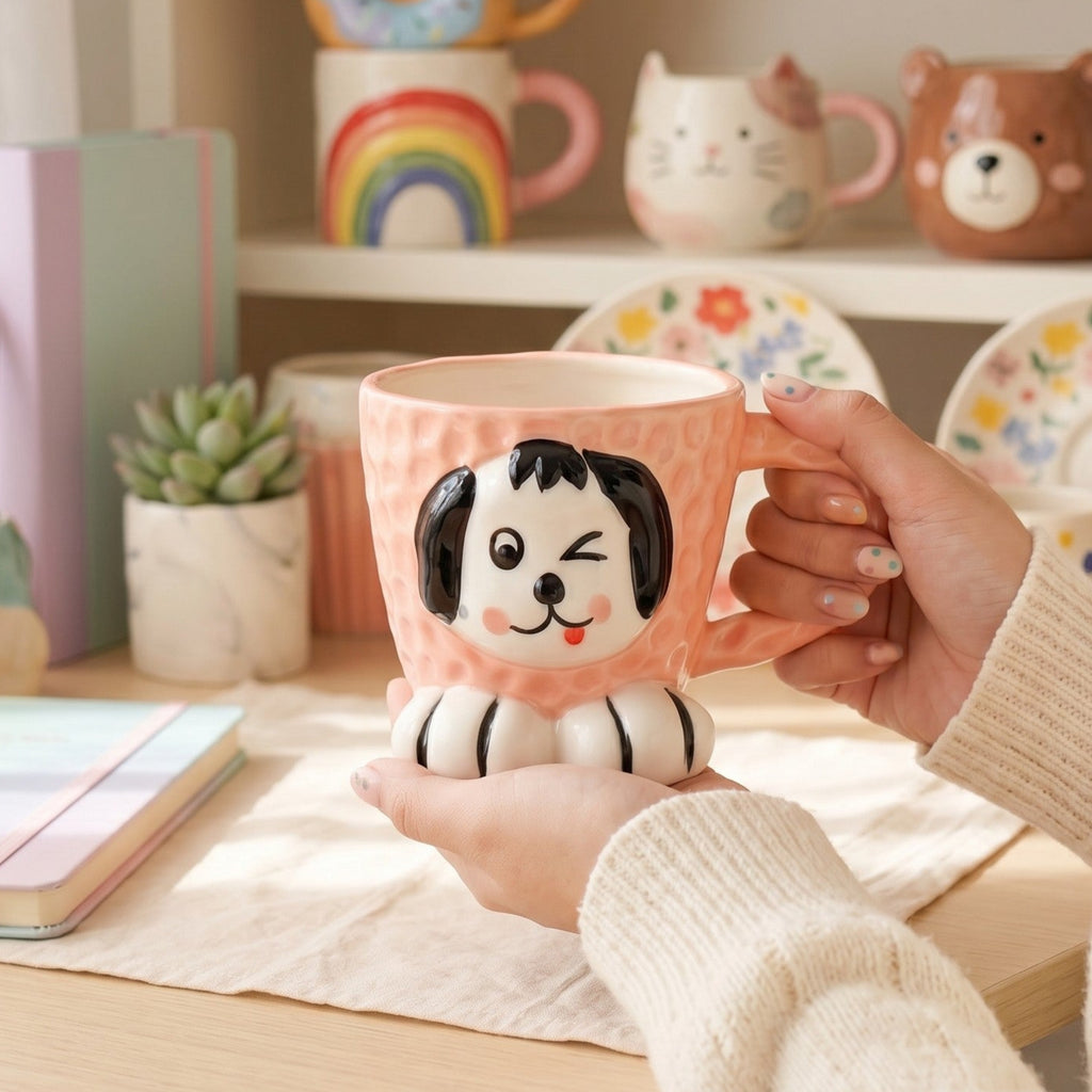 Keeyos PH pink ceramic mug with a winking dog face design and paw feet.