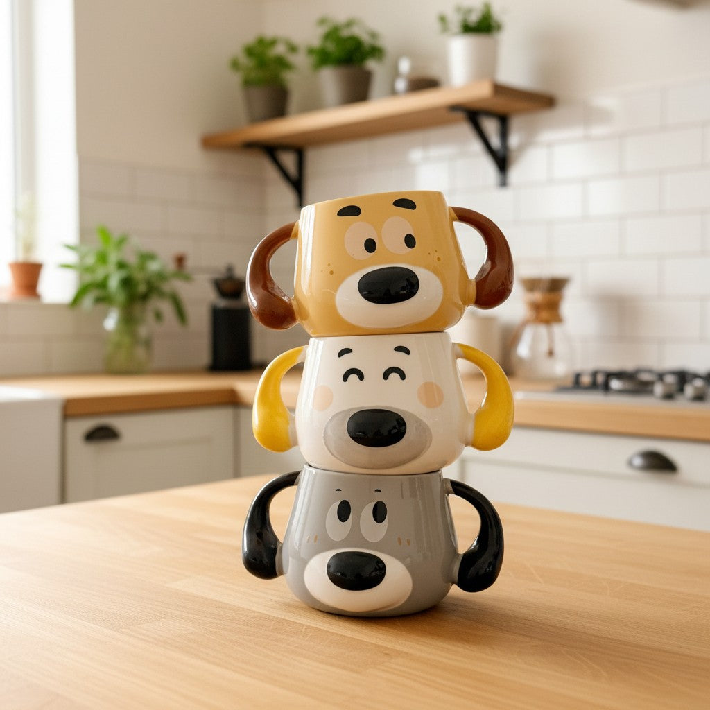 Keeyos PH stackable ceramic mugs designed as cute dog faces in yellow, white, and grey with black handles.