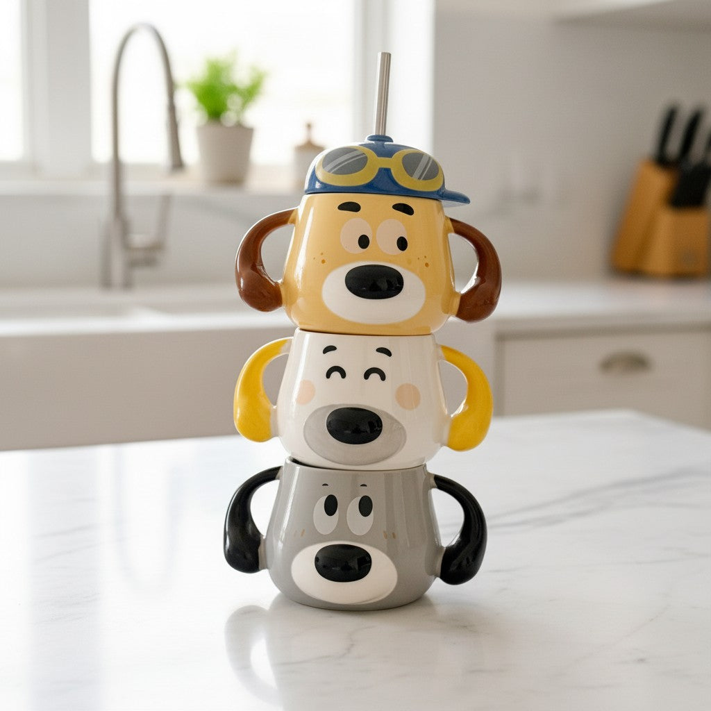 Keeyos PH stackable dog mugs with straw. Yellow, white, and grey ceramic cups with cartoon dog faces and aviator hats.