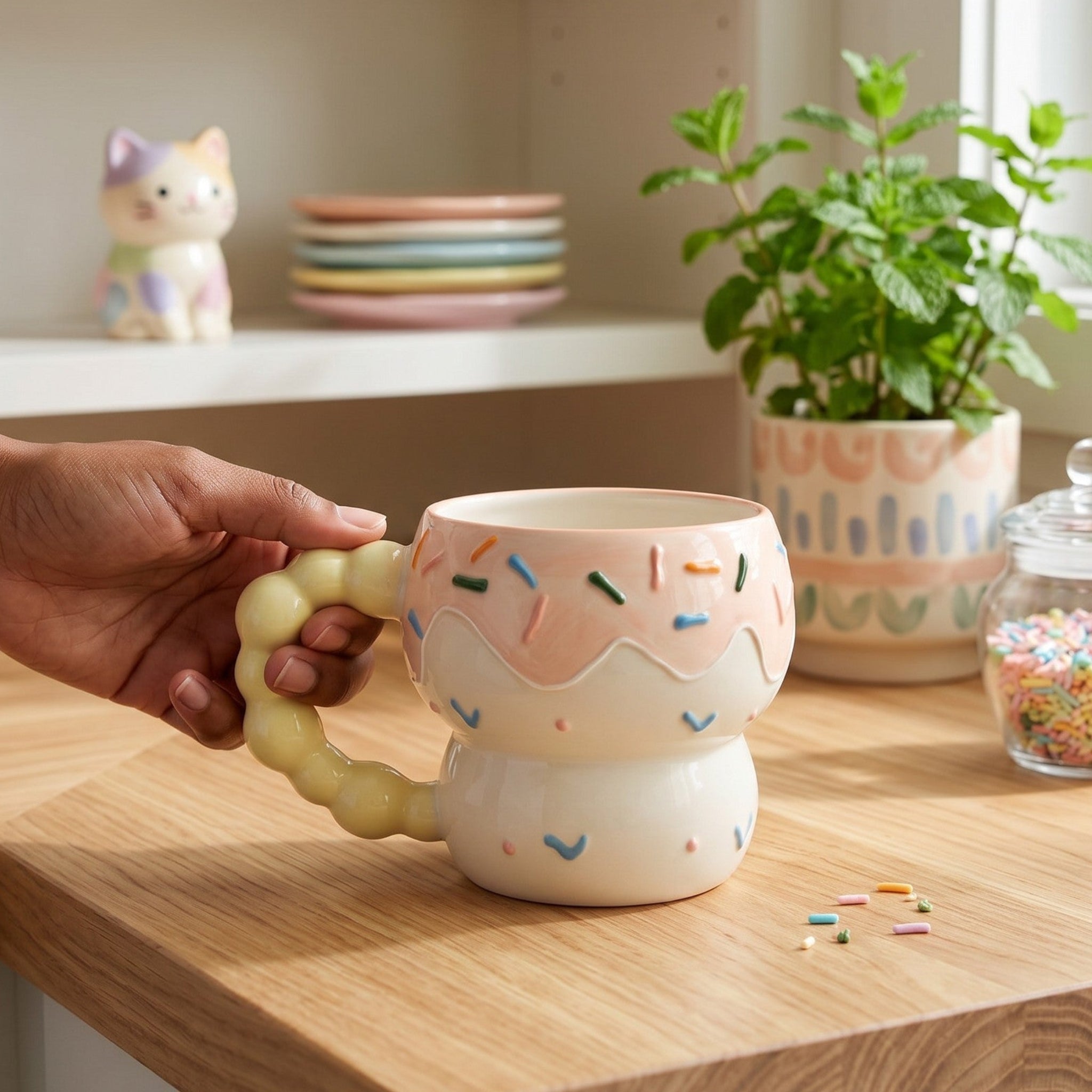 Keeyos PH handmade ceramic donut mug with pink glaze, colorful sprinkles, and a pastel yellow swirl handle.