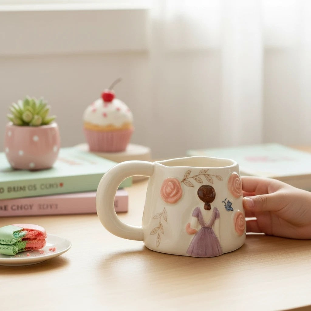 Keeyos PH cream ceramic mug with raised floral and girl design, purple dress, butterfly accent