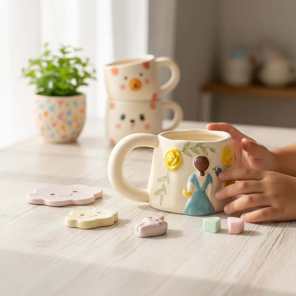 Keeyos PH cream ceramic mug with raised yellow roses, green leaves, a blue dress figure, and butterfly detail.