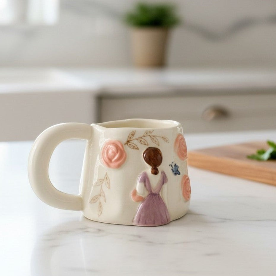 Keeyos PH cream ceramic mug with floral and girl design, pink roses, purple dress, blue butterfly.