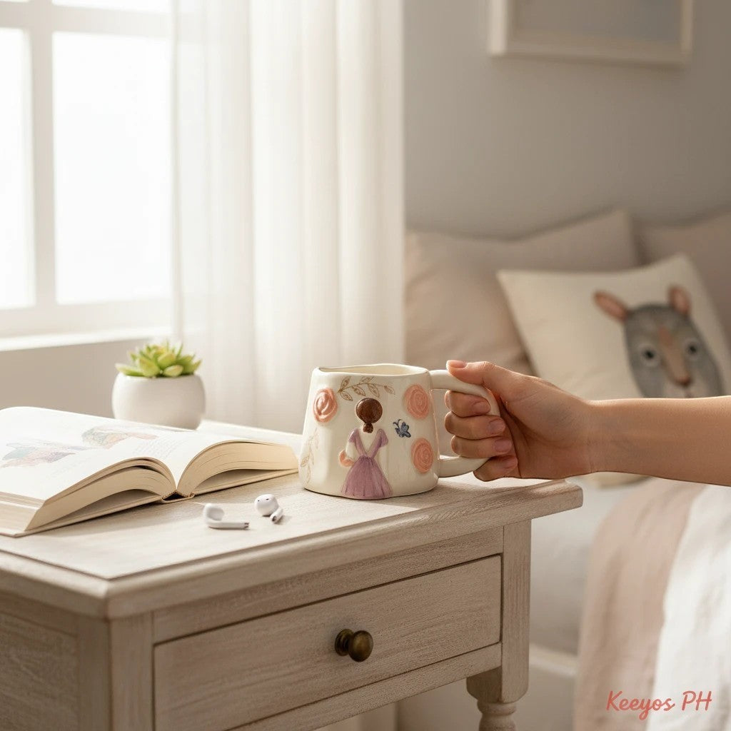 Keeyos PH cream ceramic mug with floral and butterfly design, featuring a girl in a purple dress.