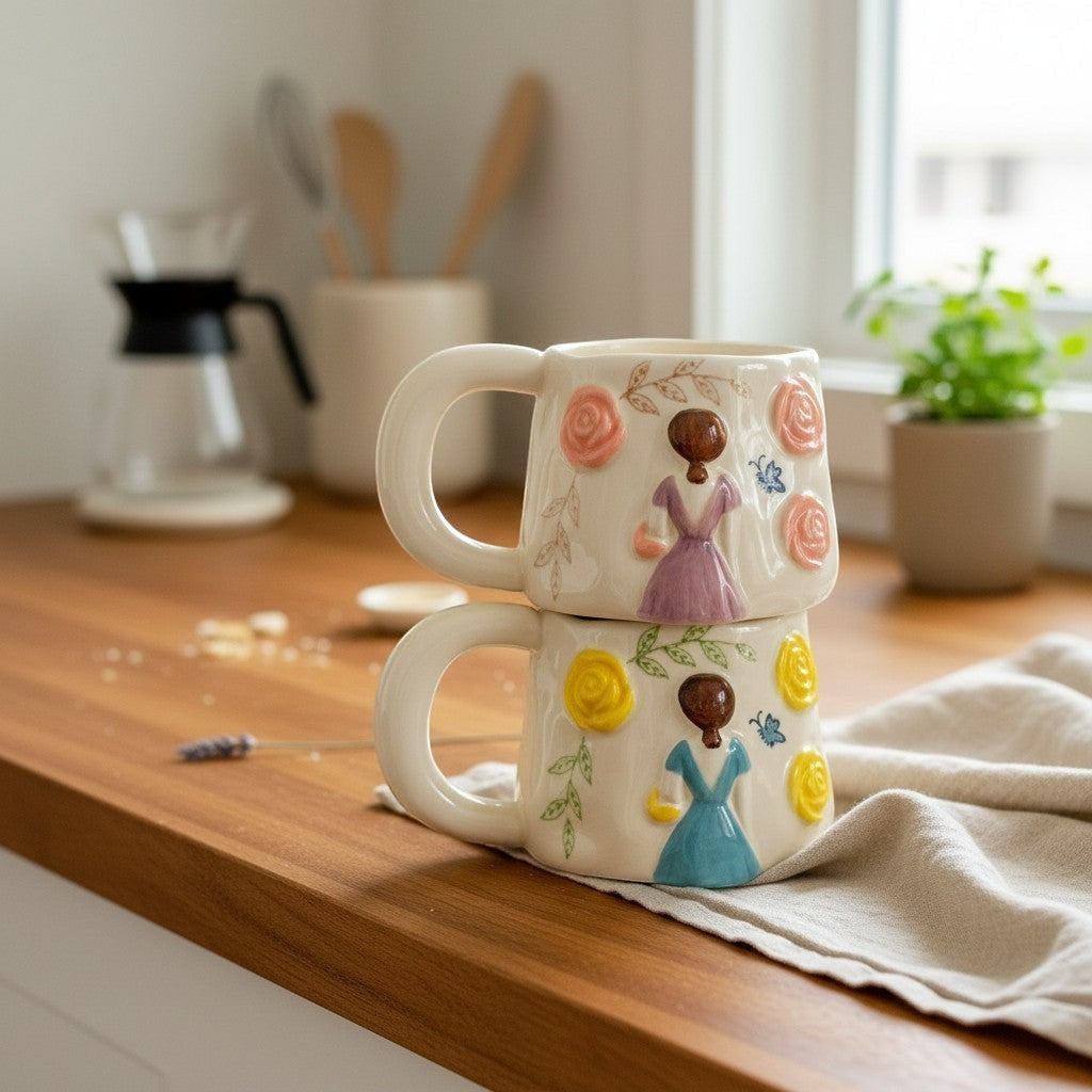 Keeyos PH Floral Daydream Cup with pink and yellow roses, butterflies, and figures in dresses.