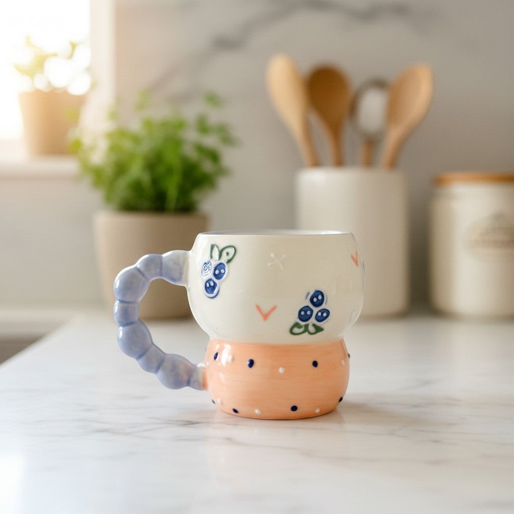 Keeyos PH white ceramic mug with beaded blue handle, decorated with blue grapes and orange polka dots.