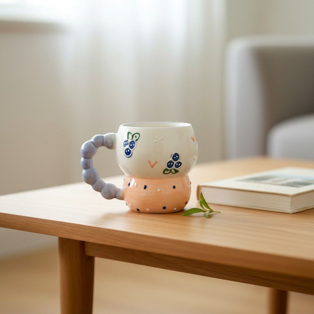 Keeyos PH white ceramic mug with beaded blue handle, decorated with blue grapes and orange polka dots.