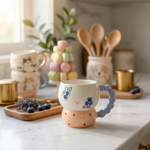 Keeyos PH Beaded Handle Grape Mug with blue beaded handle and grape design on cream ceramic.