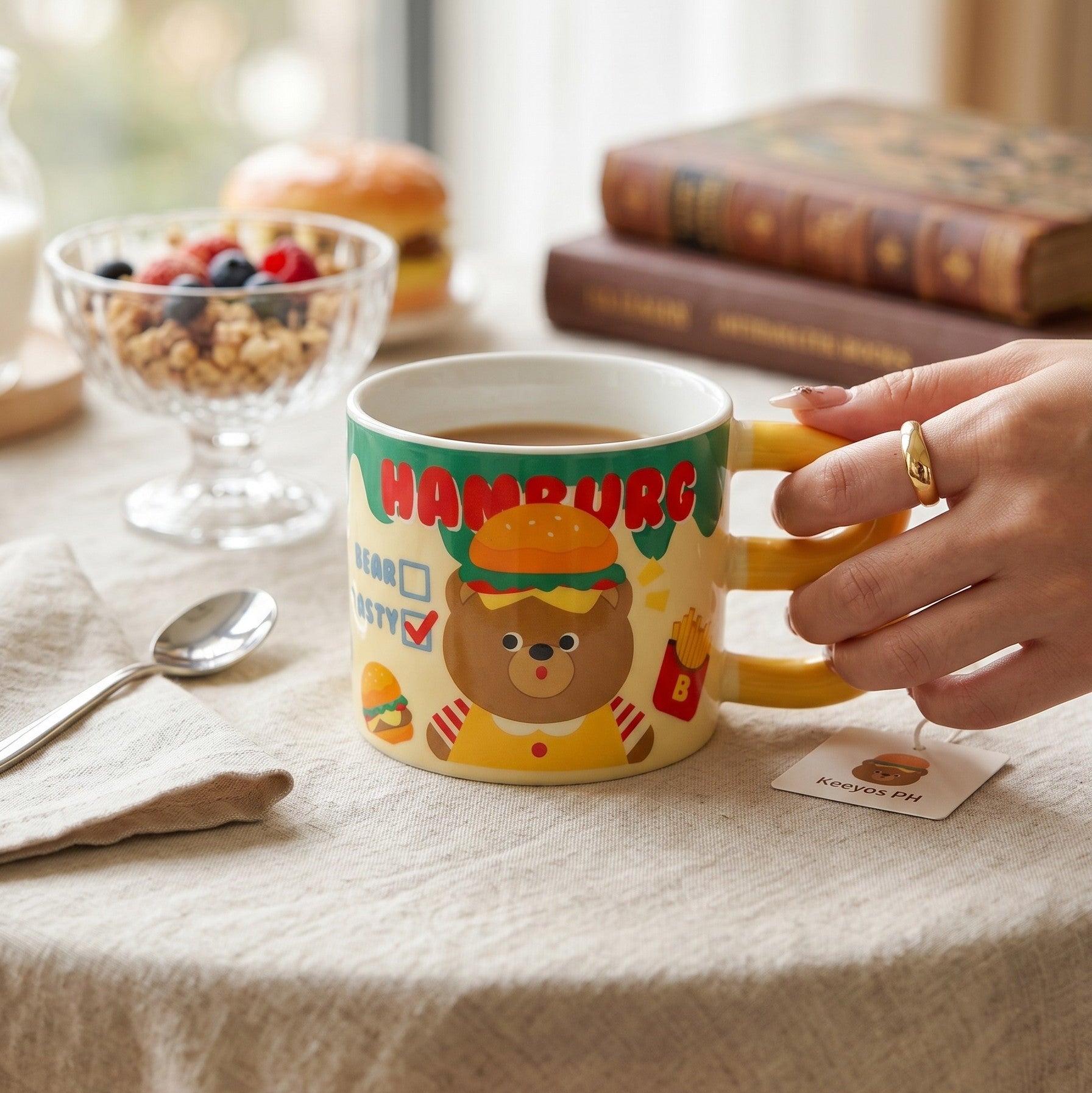 Keeyos PH yellow mug with a cute bear wearing a hamburger and french fries graphic. Features "HAMBURG" text.