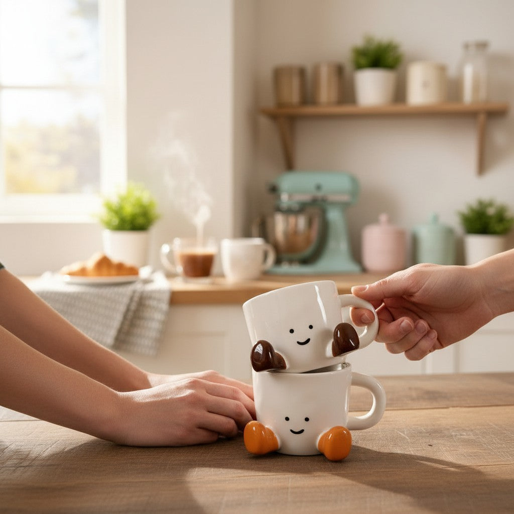 Keeyos PH Happy Feet Cup, a white ceramic mug with a cute smiling face and dangling feet, stacked on a wooden table.