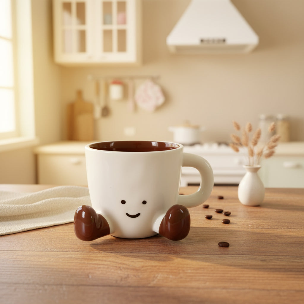 Keeyos PH Happy Feet ceramic mug with a cream exterior, brown interior, and cute feet design on a wooden table.