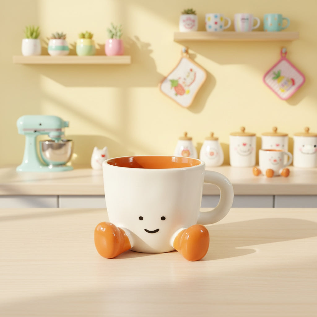 Keeyos PH ceramic Happy Feet Cup with a smiling face and orange feet on a wooden kitchen counter
