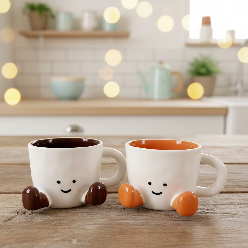 Keeyos PH Happy Feet ceramic mugs with cute smiling faces and dangling brown and orange feet on a wooden table.